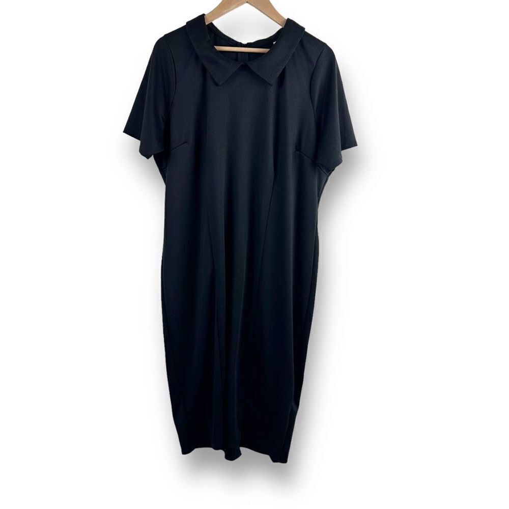 Piphany Womens Harlem Black Short Sleeve Stretch Collared Midi Shift Dress NWT S